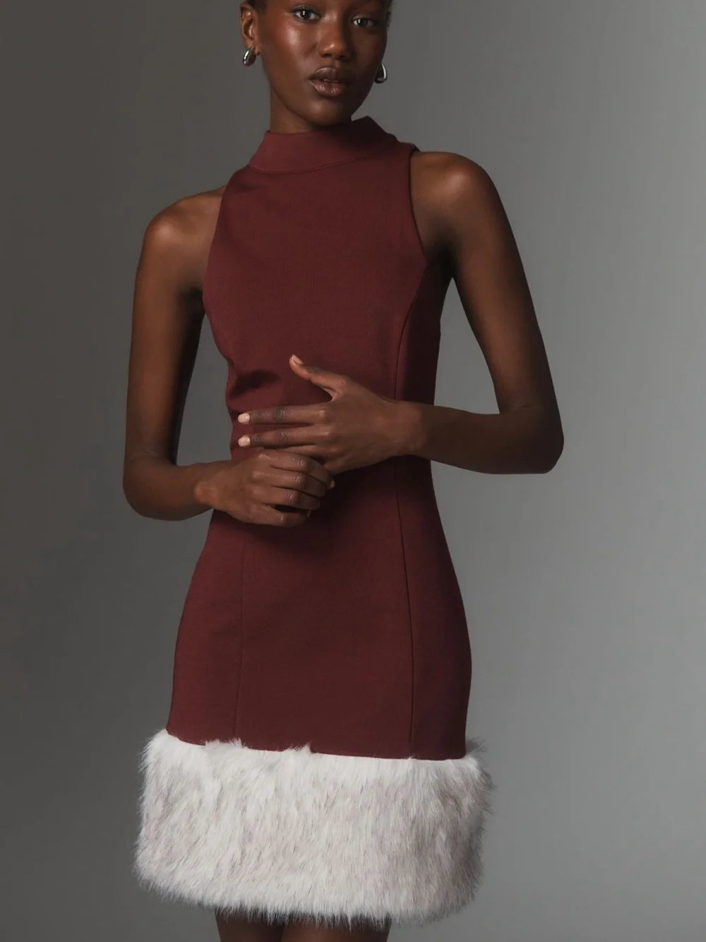 Anthropologie Maeve Sleeveless Faux Fur Hem Mini Dress